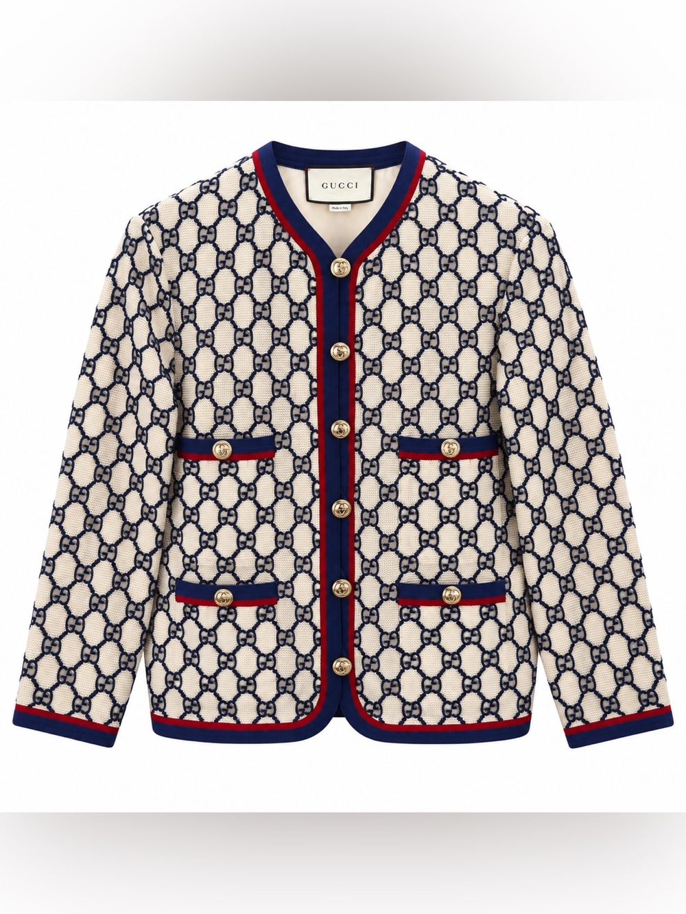 Gucci Cream and Navy GG Jacquard Trimmed Chain-Print Jacket